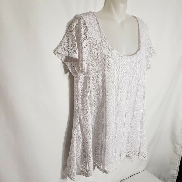 Notations Women’s Top Medium White Lace Overlay Short Sleeve Lined Asymmetrical - Picture 6 of 10